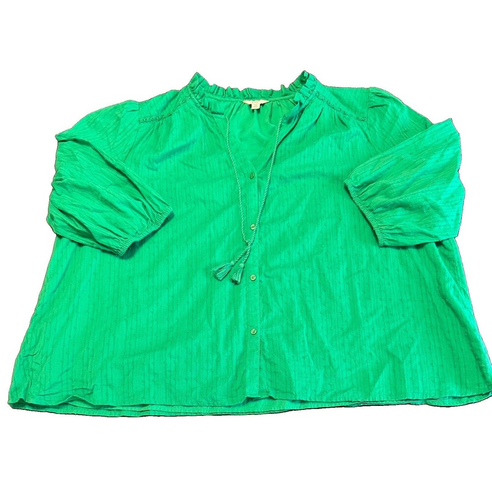 Crown & Ivy Women’s 3X Button-Down Dot Blouse, 3/4 Sleeve Shirt, Tassel, Lined